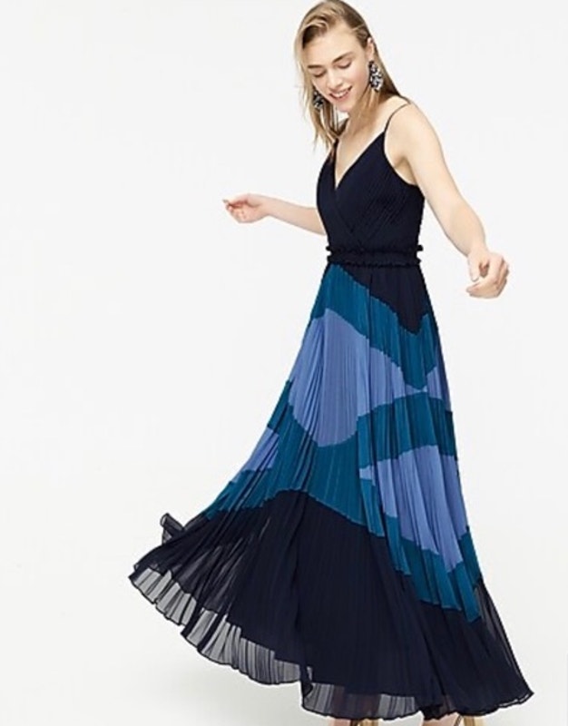J. Crew Pleated Maxi Dress Geometric Print V-Neck Sleeveless Long Dress, Navy